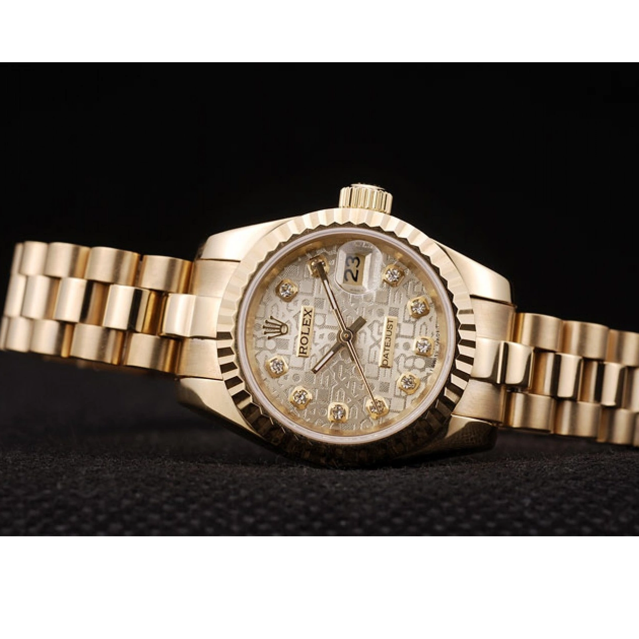 Aaa replica watch Dial Rolex Gold Ribbed Gold Pattern Bezel DateJust 0717